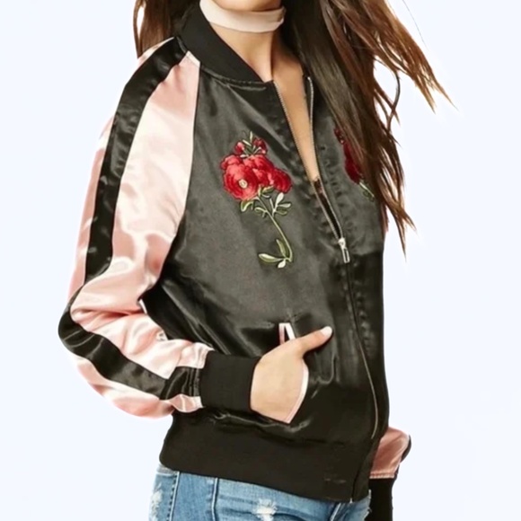 Forever 21 Embroidered Black & Pink Satin Bomber Jacket Size S - Picture 9 of 11